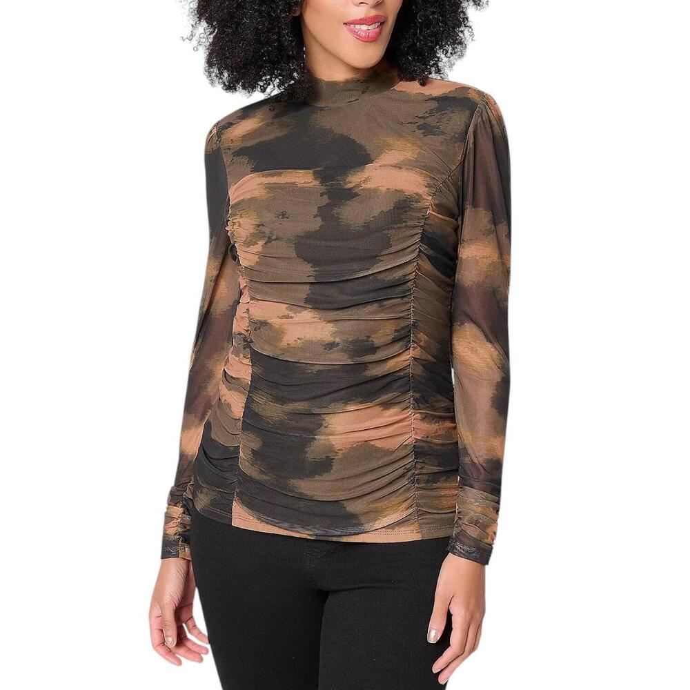 Mally Roncal Women's Illusion Ruched Mock Neck Top Abstract Camo - Regular